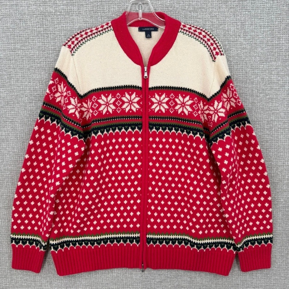 Lands End Full Zip Fair Isle Sweater Women XL Red Snowflake Holiday Wool Blend